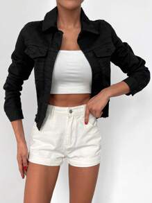 EURMUSE Flap Pocket Raw Hem Denim Jacket - Black - View 5