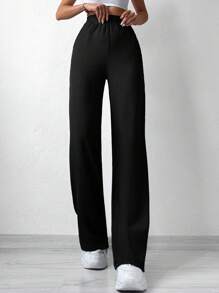 EURMUSE Solid Elastic Waist Straight Leg Trousers - Black - View 4