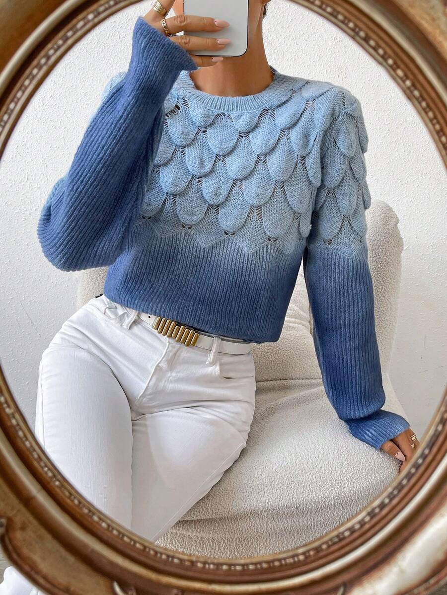 Chiquease Ombre Pattern Round Neck Sweater - Blue - View 1