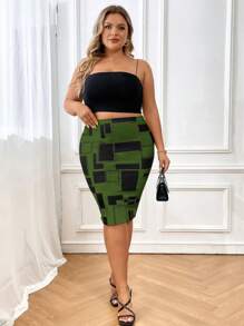 SHEIN Clasi Plus Geo Print Pencil Skirt - Army Green - View 5