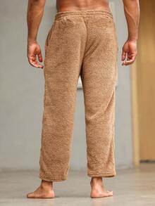 Men Solid Slant Pocket Teddy Lounge Pants - Brown - View 2