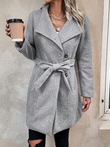 SHEIN LUNE Waterfall Collar Belted Overcoat - Grey - View 5