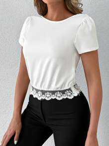 EURMUSE Blusa con encaje en contraste de espalda cortada V - Blanco - Ver 3