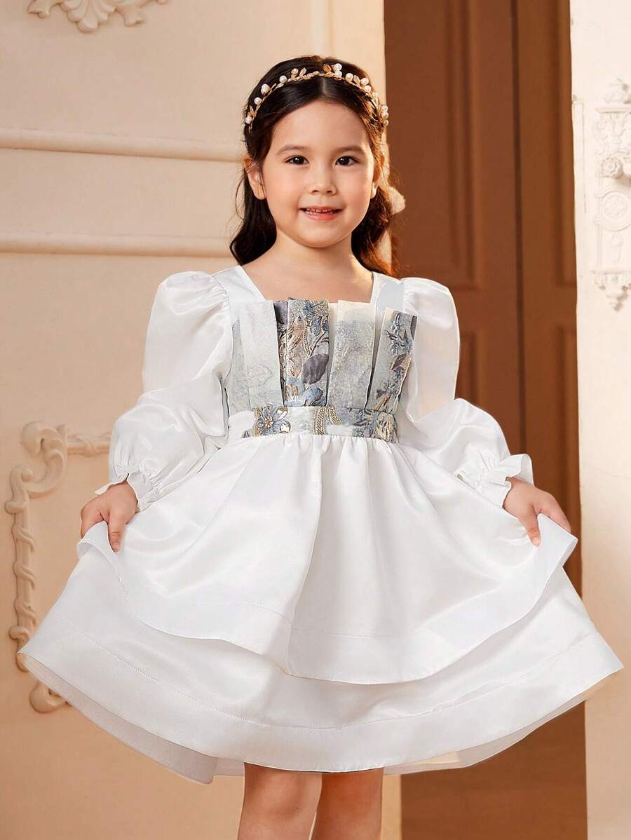 SHEIN 女小童方領喇叭袖層疊下擺洋裝 - 白色 - 查看 1