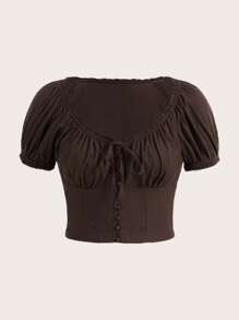 ROMWE PUNK 素色前紐扣泡泡袖襯衫 - 巧克力棕 - 查看 1