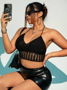 SHEIN ICON Hơn Xu hướng: Cắt giảm Ca-vát Backless Dây Knit ngọn - màu đen - Xem 1