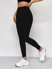 SHEIN Unity 素色高腰緊身打底褲 - 黑色 - 查看 3