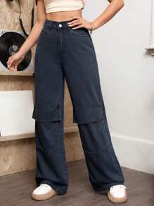 SHEIN EZwear Flap Pocket Wide Leg Jeans - Black - View 5
