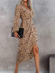 SHEIN Unity 斑點印花燈籠袖鬱金香下擺連衣裙 - 卡其色 - 查看 4