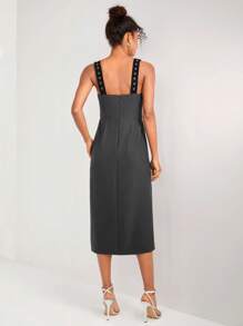 BROSKOV 设计师对比色绑带开叉大腿吊带优雅连衣裙，节日、派对、感恩节、新年前夜服装 - 深灰色 - 查看 2