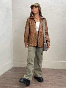 SHEIN EZwear 落肩袖拉鏈開襟PU皮革外套 - 棕色 - 查看 4