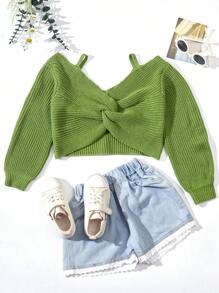 SHEIN Tween Girl Cold Shoulder Twist Front Crop Sweater - Olive Green - View 1