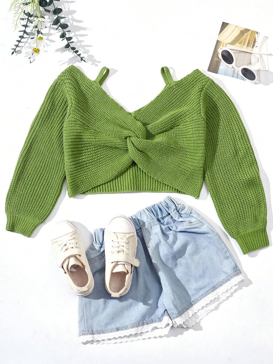 SHEIN Tween Girl Cold Shoulder Twist Front Crop Sweater - Olive Green - View 1
