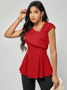 SHEIN Clasi Solid Asymmetrical Neck Fold Pleated Detail Tee