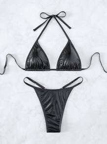 SHEIN ICON Summer Beach Metallic Halter Triangle Bikini Set - Black - View 3