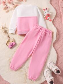 SHEIN Young Girl Cartoon Graphic 3D Ear Design Sweatshirt & Sweatpants - Pink - View 2