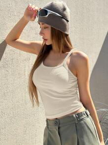 DAZY Solid Ribbed Knit Cami Top - Beige - View 3