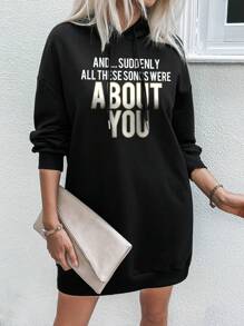 SHEIN LUNE Slogan Graphic Drop Shoulder Drawstring Hooded Sweatshirt Dress - Black - View 3