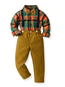 男小童格紋印花襯衫&背帶褲 - 彩色 - 查看 1