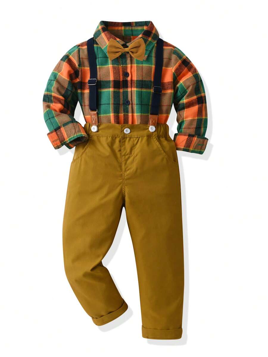 男小童格紋印花襯衫&背帶褲 - 彩色 - 查看 1