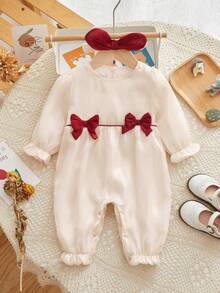 Peninsula Baby Baby Girl Solid Ruffle Trim Jumpsuit With Headband - Apricot - View 5