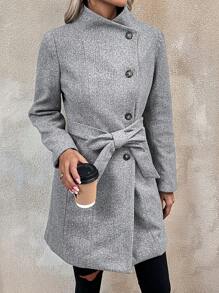 SHEIN LUNE Waterfall Collar Belted Overcoat - Grey - View 4