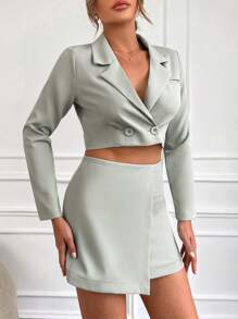 RueChic Double Button Crop Blazer & Wrap Skirt - Mint Green - View 4