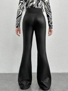 Quần ống loe lưng cao xếp nếp bằng da màu trơn dành cho cô gái tuổi teen - màu đen - Xem 2