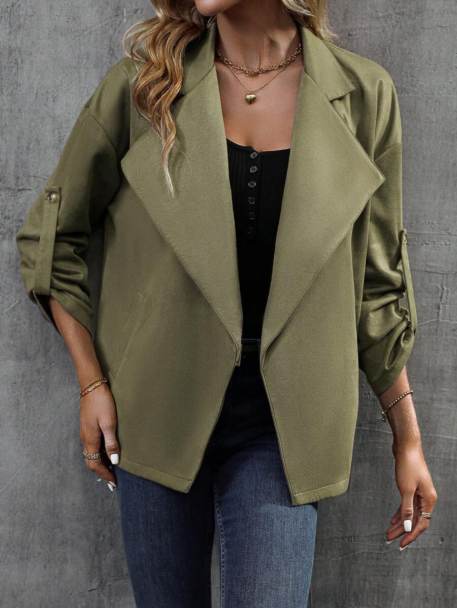 EMERY ROSE 大翻領捲邊袖開門襟夾克 - 軍綠色 - 查看 1