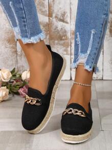1 par de sapatos casuais femininos da moda com decoração de corrente de metal, design de sola grossa trançada para maior conforto, adequados para uso diário, lazer e deslocamento, versáteis para todas as estações - Preto - Ver 4