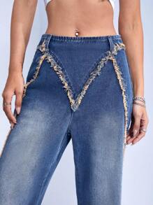 SHEIN ICON Jeans ribete crudo de pierna ancha - Azul lavado medio - Ver 7