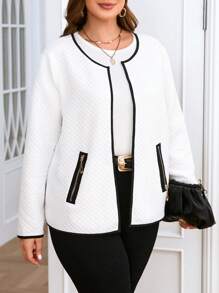 SHEIN Clasi 大碼撞色滾邊拉鏈細節衍縫夾克 - 黑與白 - 查看 6
