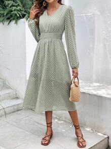 SHEIN Frenchy Chevron Jacquard Lantern Sleeve Tie Back Dress - Green - View 3