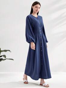 Mulvari Cotton Lantern Sleeve Fold Pleated Detail Button Front Dress - Navy Blue - View 4