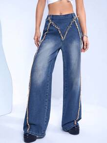 SHEIN ICON Jeans ribete crudo de pierna ancha - Azul lavado medio - Ver 1