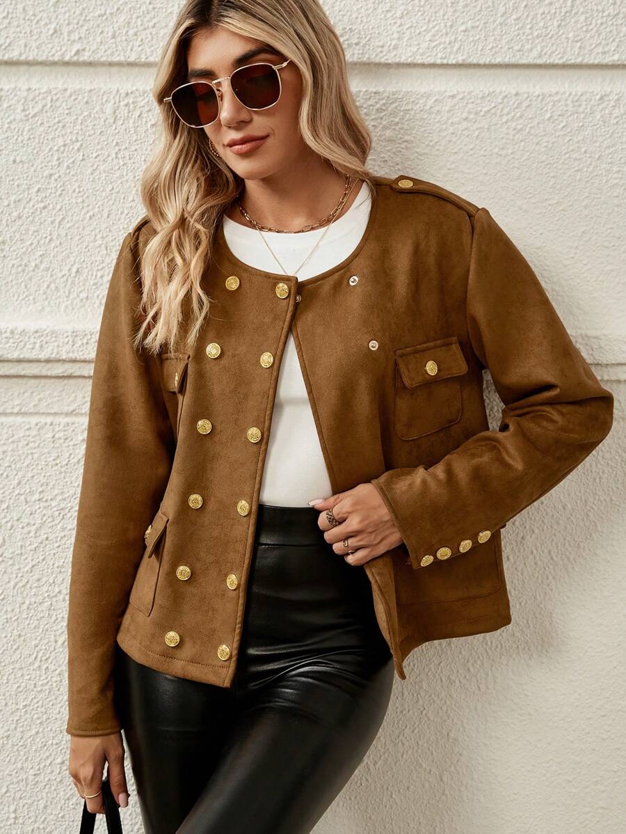 SHEIN LUNE Flap Pocket Double Breasted Jacket - Brown - View 1