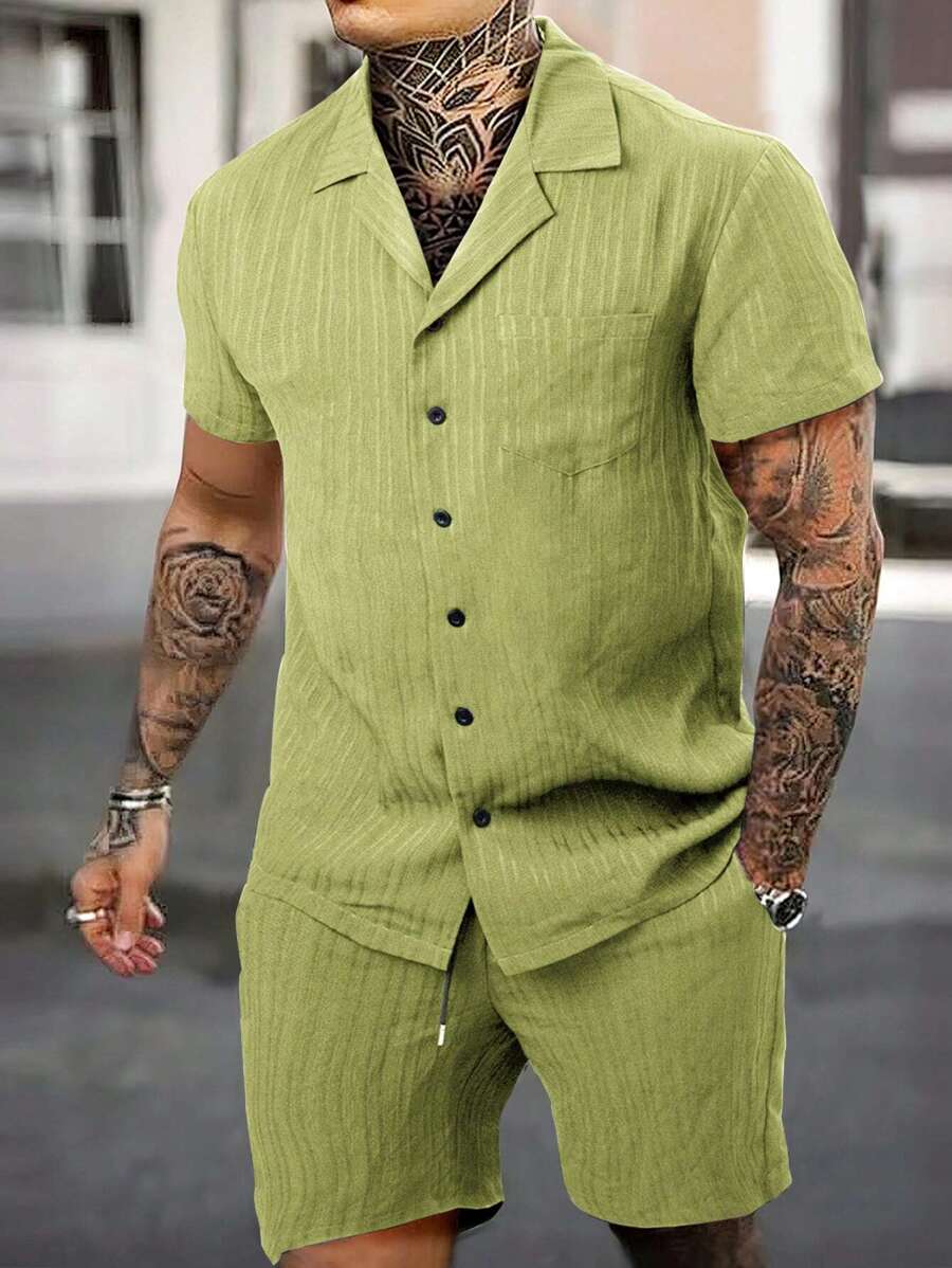 Manfinity Homme Hombres Camisa unicolor con botón & Shorts