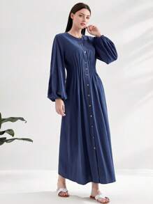 Mulvari Cotton Lantern Sleeve Fold Pleated Detail Button Front Dress - Navy Blue - View 3