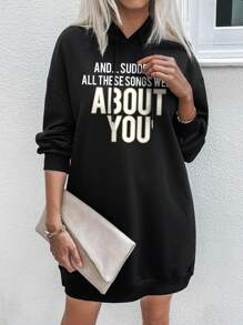 SHEIN LUNE Slogan Graphic Drop Shoulder Drawstring Hooded Sweatshirt Dress - Black - View 1