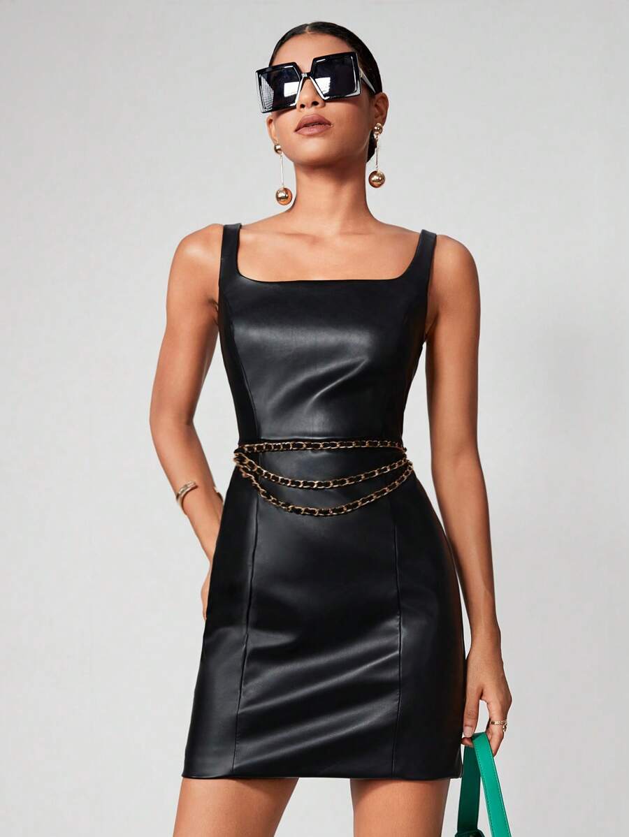 Maija Solid PU Leather Dress Without Chain Belt - Black - View 1