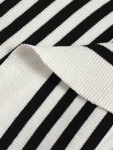 SHEIN BASICS Striped Pattern Crop Knit Top - Black and White - View 7