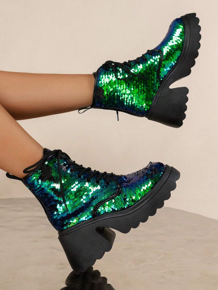 Women's Fashionable Lace-up Boots With Fish Scale Sequin Decor - Green - View 1