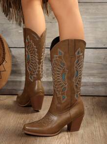 秋冬女装时尚四季西部风休闲马靴女牛仔靴女款，女式牛仔靴 - 棕色 - 查看 7