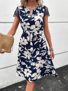 SHEIN Clasi Floral Print Contrast Lace Belted Dress - Blue and White - View 1