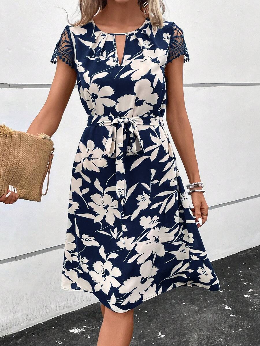 SHEIN Clasi Floral Print Contrast Lace Belted Dress - Blue and White - View 1