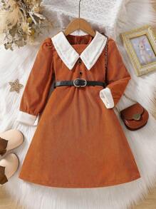 SHEIN Young Girl Contrast Collar Puff Sleeve Belted Dress - Rust Brown - View 1