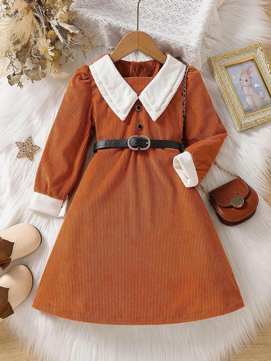 SHEIN Young Girl Contrast Collar Puff Sleeve Belted Dress - Rust Brown - View 1