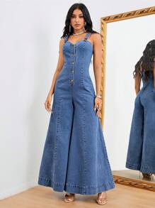 SHEIN Privé Button Front Wide Leg Denim Jumpsuit - Medium Wash - View 6
