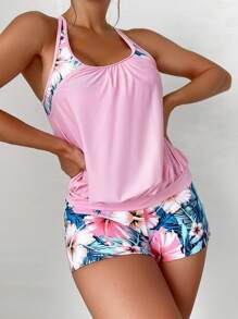 Swim Lushoire Summer Beach Tropical Print Shorts Tankini
