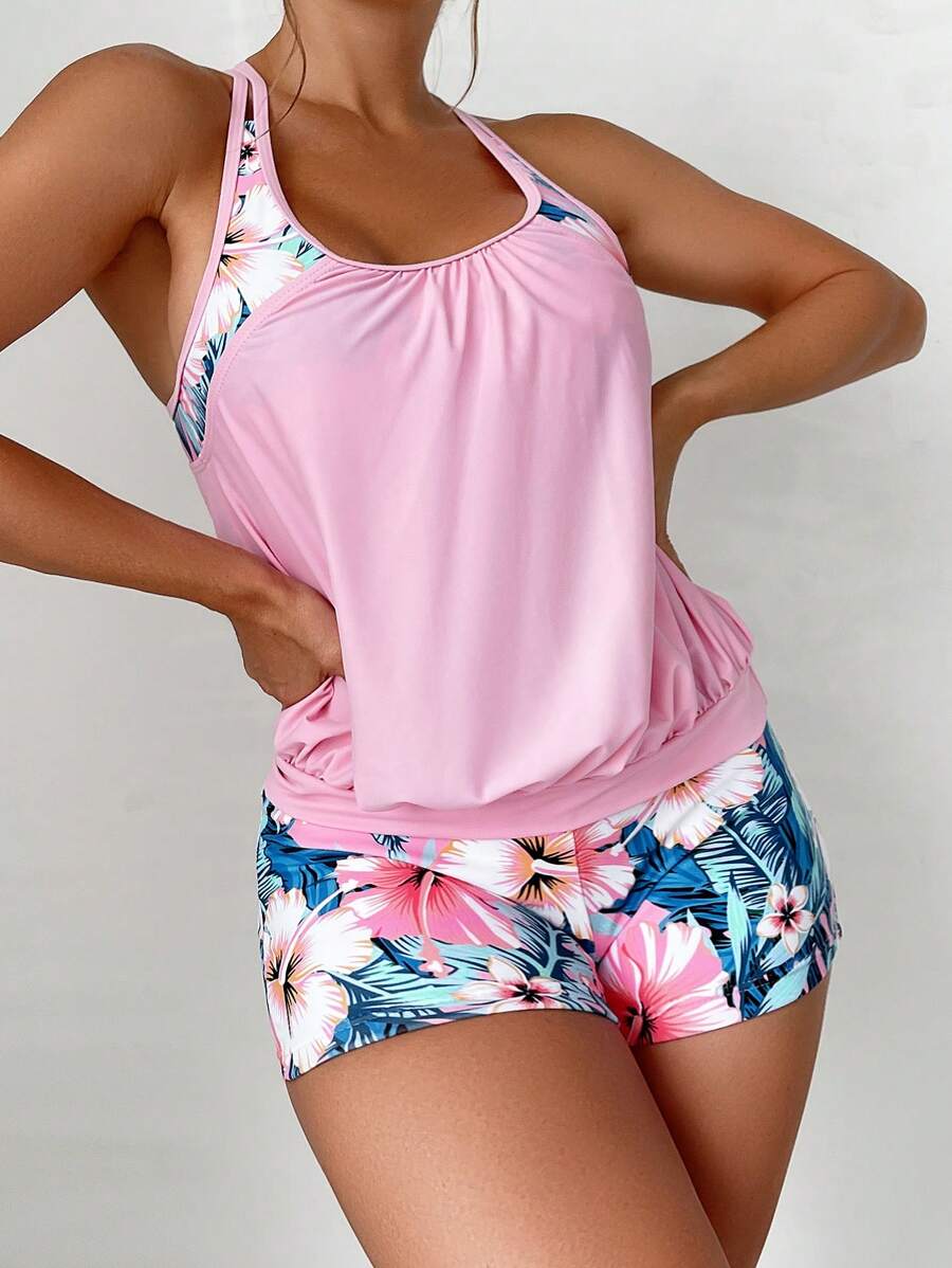 Swim Lushoire Summer Beach Tropical Print Shorts Tankini